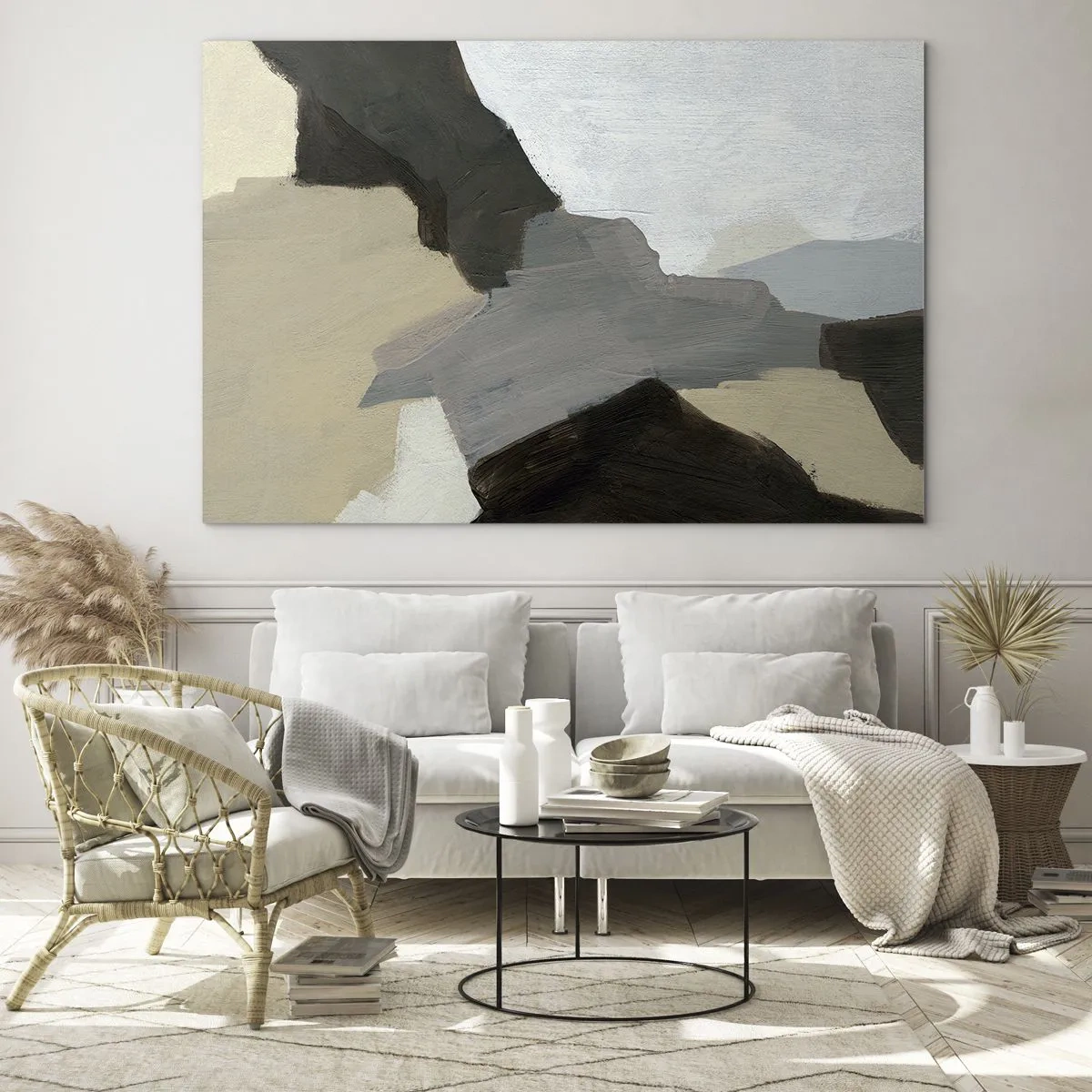 Billede på glas - En moderne abstrakt komposition i grå nuancer - 70x50cm - Abstraktion: afsked med det grå - Moderne vægdekoration til stue og soveværelse ARTTOR