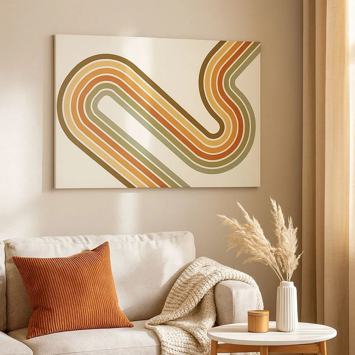 Lærredstryk - Billede på lærred - Geometrisk mønster i nuancer af grønt, orange og beige på en lys baggrund - 70x50cm - Zigzag til destinationen - Moderne vægdekoration til stue og soveværelse ARTTOR