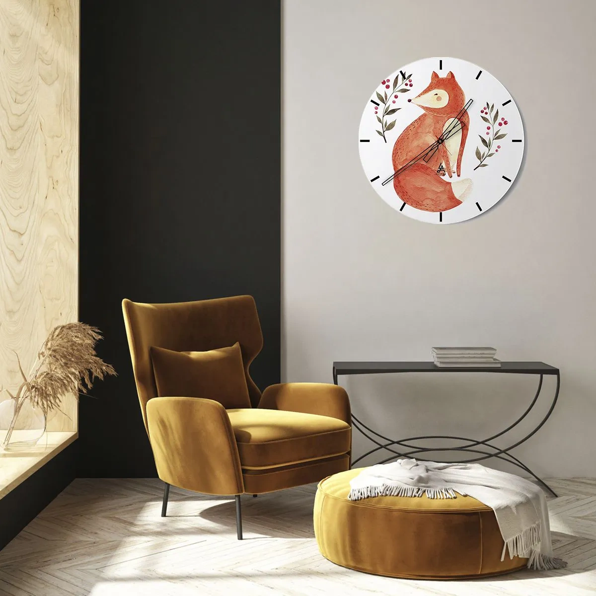 Vægur, Uret - Illustration af en rød ræv omgivet af kviste med bær - 30x30cm - Lille rødhåret - Moderne vægdekoration til stue, køkken og soveværelse ARTTOR