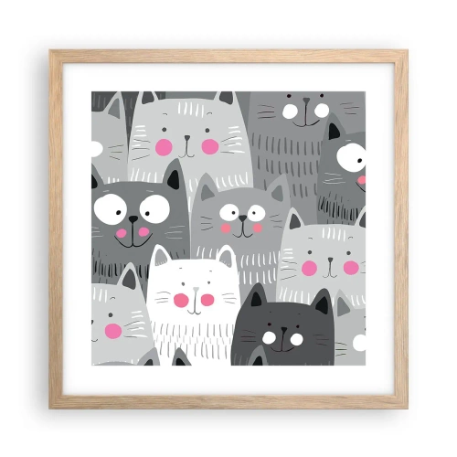 Plakat i ramme af lyst egetræ - Kattens verden - 40x40 cm