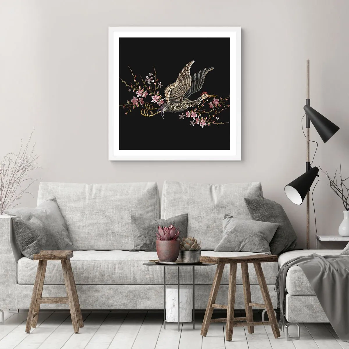 Plakat i hvid ramme - Eksotisk broderet fugl - 40x40 cm