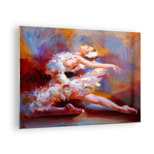 Billede på glas - En ballerina i en dynamisk positur mod en baggrund af abstrakte farver. - 70x50cm - Svanens ynde - Moderne vægdekoration til stue og soveværelse ARTTOR