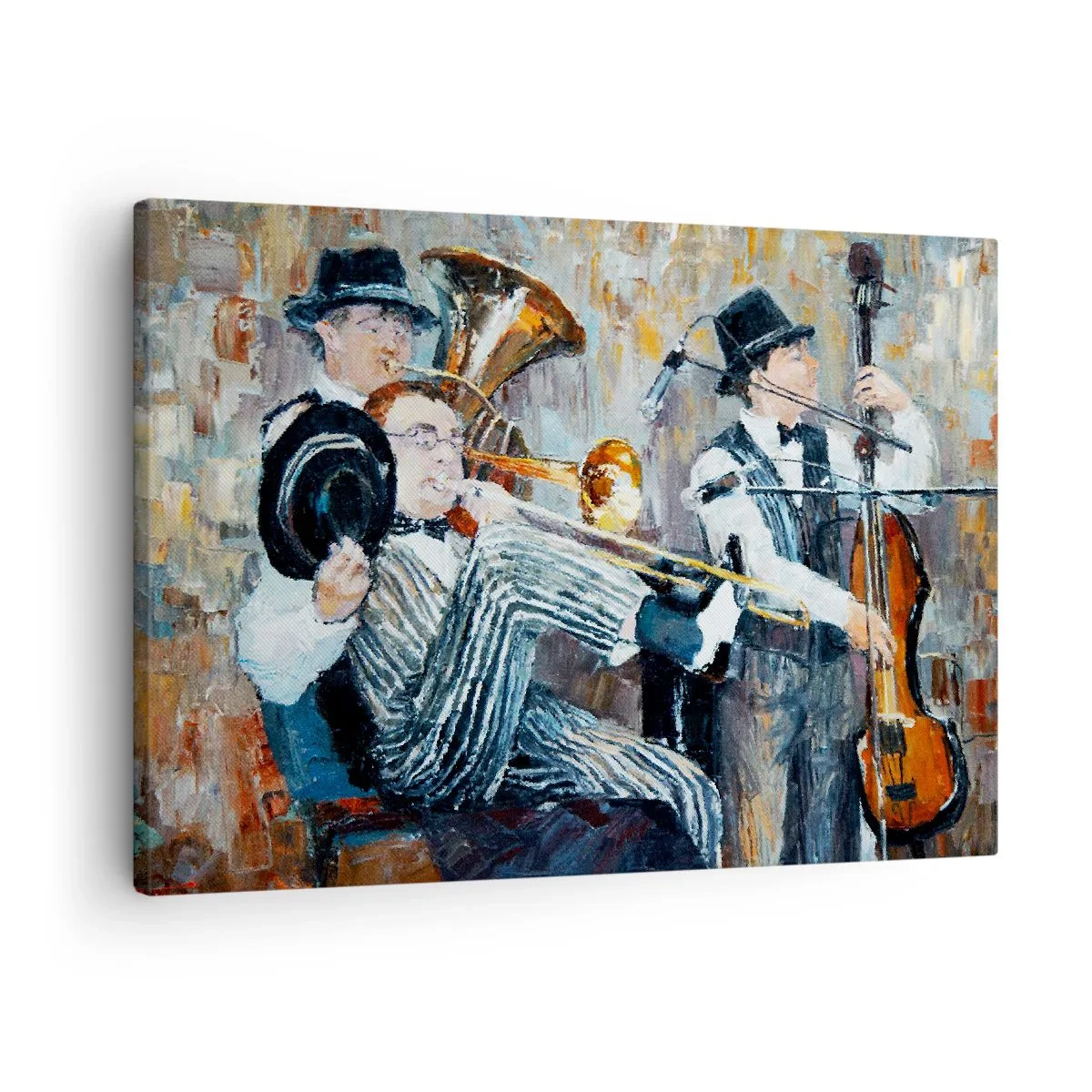 Lærredstryk - Billede på lærred - Jazzmusikere i malerisk stil under en koncert - 70x50cm - Alt det jazz - Moderne vægdekoration til stue og soveværelse ARTTOR