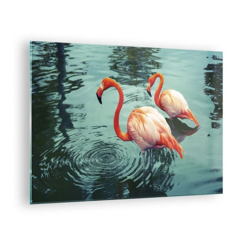 Billede på glas - Flamingoer på vandet i en harmonisk komposition - 70x50cm - Vi er nu på mode - Moderne vægdekoration til stue og soveværelse ARTTOR