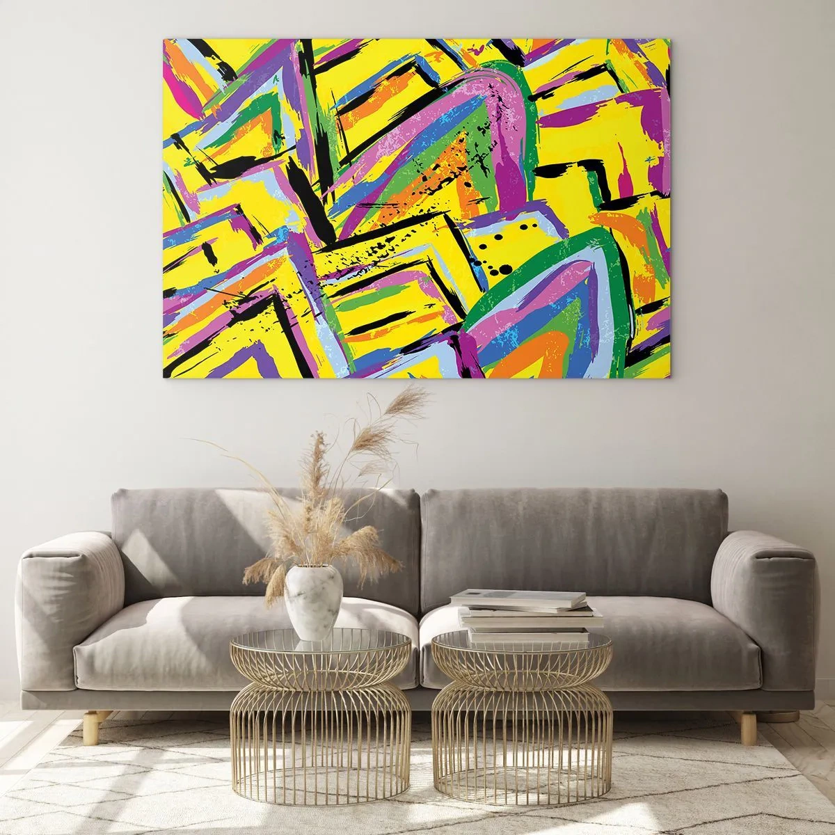 Billede på glas - Intens abstraktion i klare farver på en gul baggrund - 70x50cm - Han råber af glæde - Moderne vægdekoration til stue og soveværelse ARTTOR