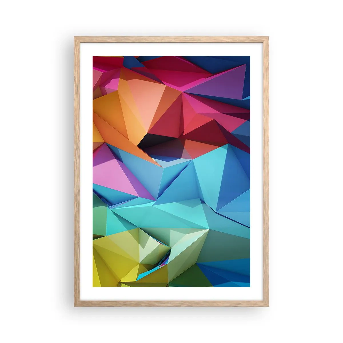 Plakat i ramme af lyst egetræ - Regnbue origami - 50x70 cm