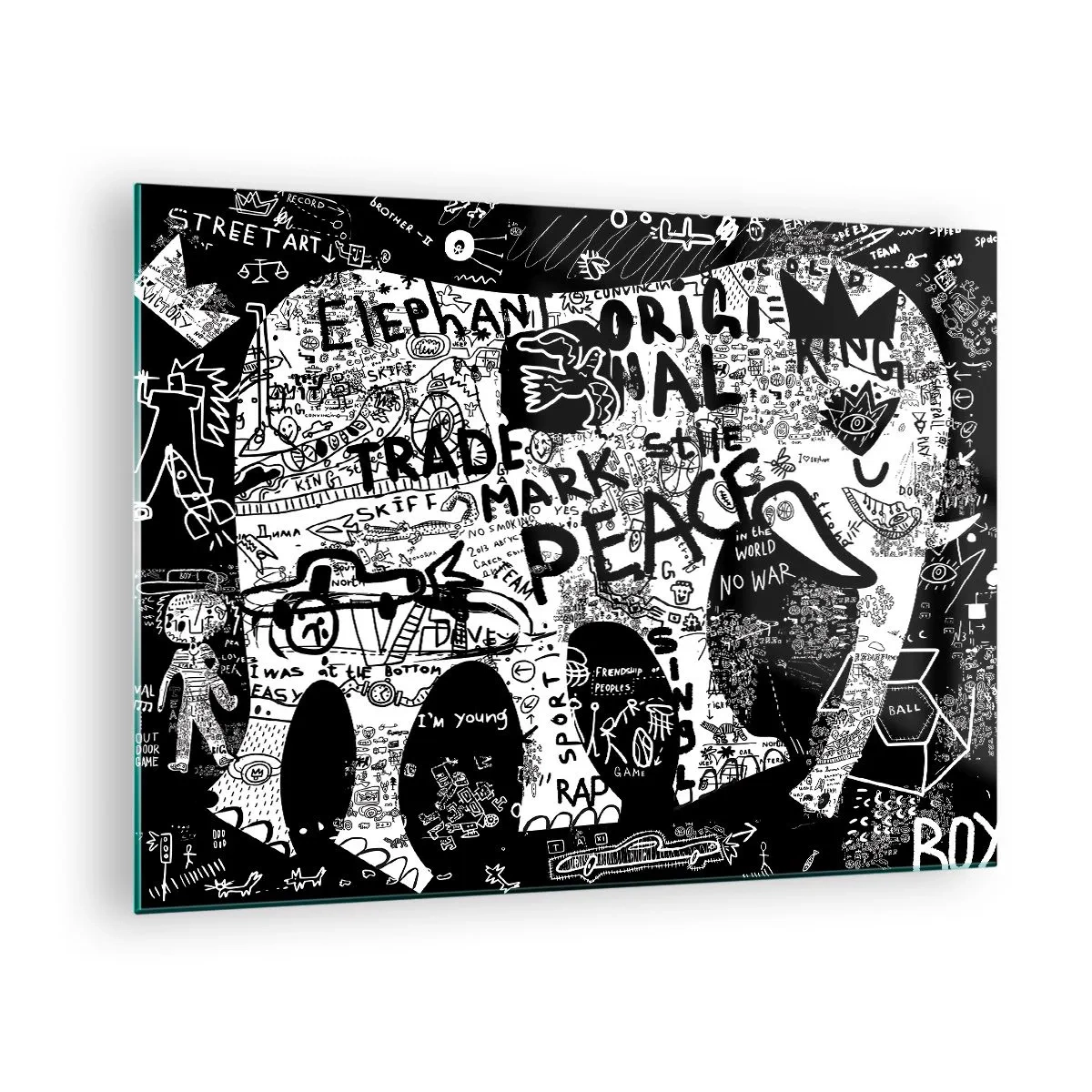 Billede på glas - Sort-hvidt graffitibillede med temaer om fred og frihed - 70x50cm - Gadens rige verden - Moderne vægdekoration til stue og soveværelse ARTTOR