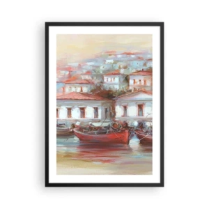 Plakat i sort ramme - En farverig by med både på kysten - 50x70cm - Lykkelig by - Moderne vægdekoration til stue og soveværelse ARTTOR