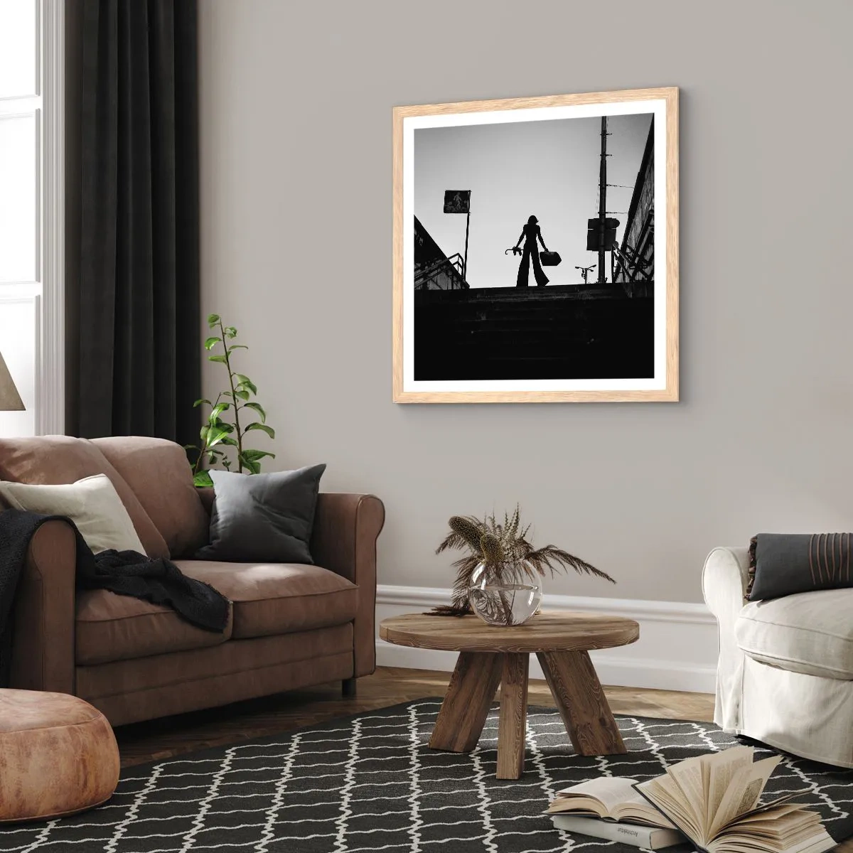 Plakat i ramme af lyst egetræ - Vandring i byen - 50x50 cm