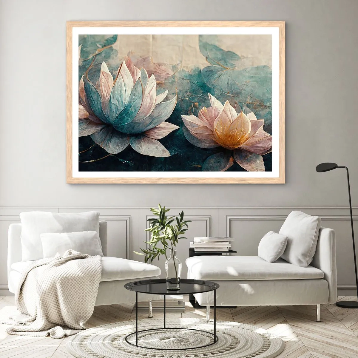 Plakat i ramme af lyst egetræ - Søens stjerner - 100x70 cm