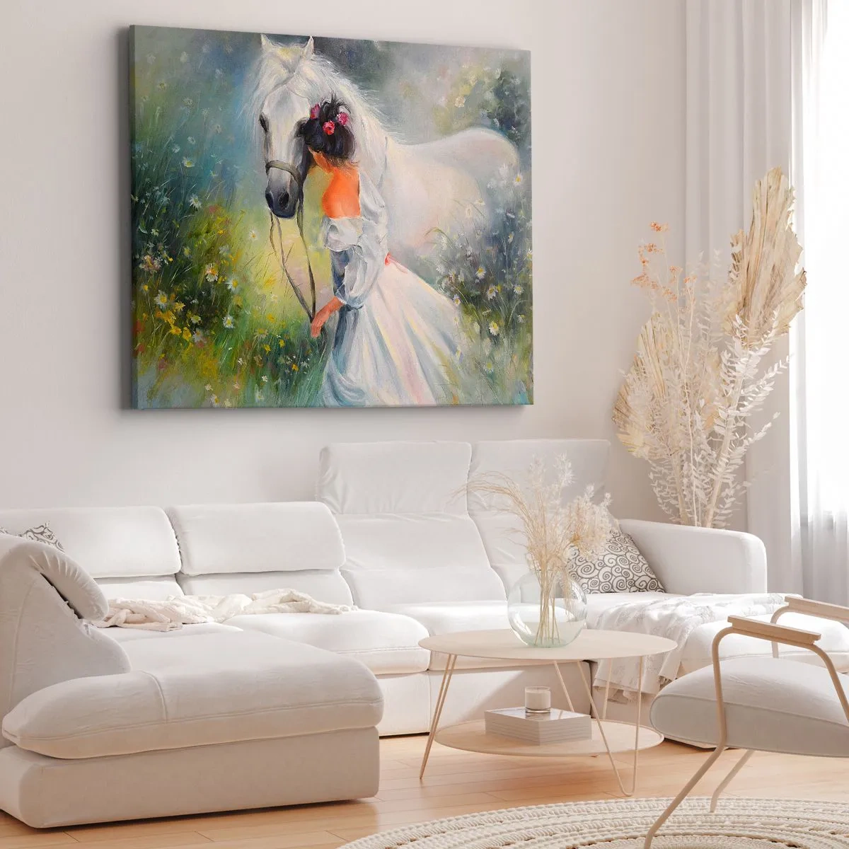 Lærredstryk - Billede på lærred - En kvinde med en hvid hest i maleriske omgivelser - 70x50cm - Som fra en smuk drøm - Moderne vægdekoration til stue og soveværelse ARTTOR