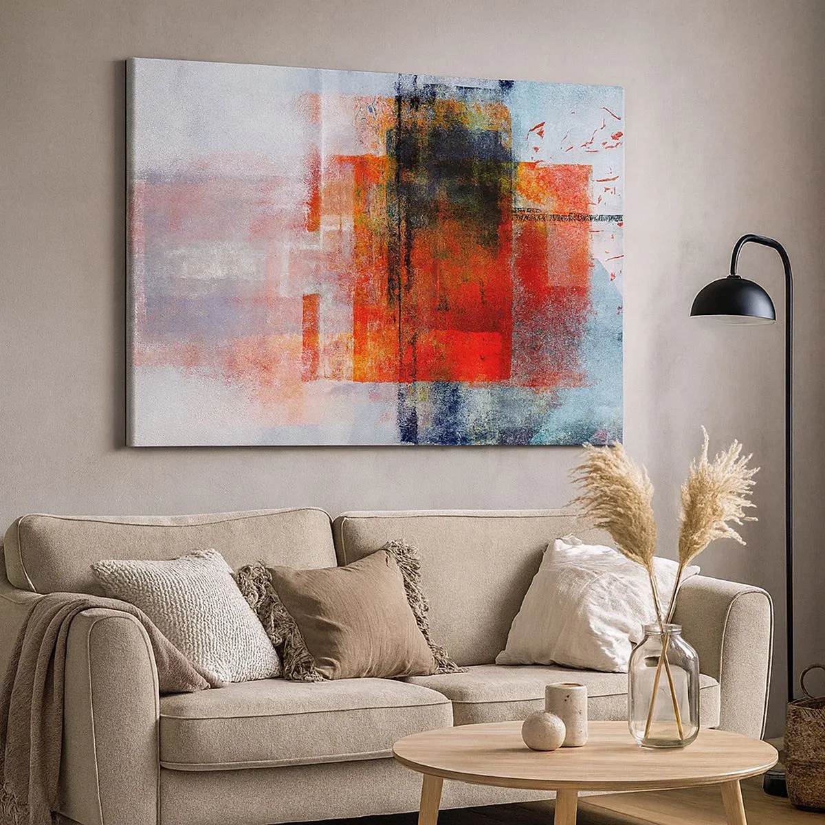 Lærredstryk - Billede på lærred - Abstrakt geometrisk komposition med røde og orange accenter - 70x50cm - Glødende komposition - Moderne vægdekoration til stue og soveværelse ARTTOR