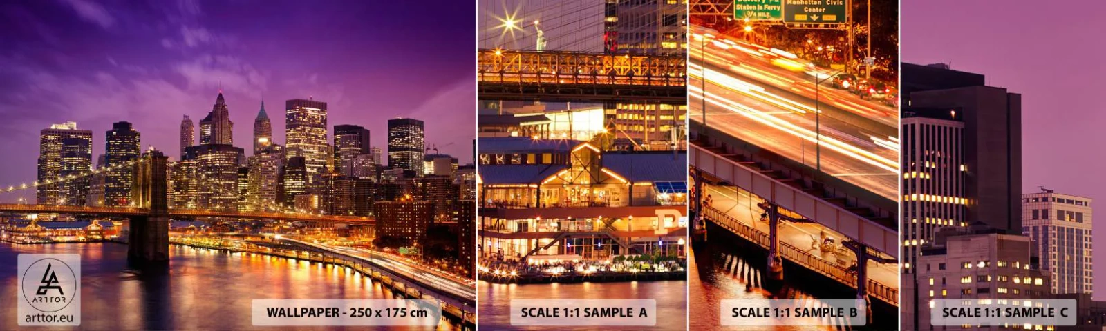 Prøve Fototapet Selvklæbende Deluxe Sticker - Lilla og gylden Manhattan - By, New York, Arkitektur - 100x30 cm