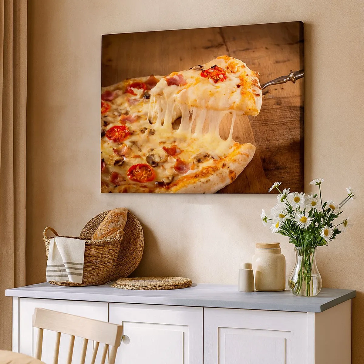 Lærredstryk - Billede på lærred - Pizza med sej ost - 70x50cm - Et mesterværk af italiensk kunst - Moderne vægdekoration til stue og soveværelse ARTTOR
