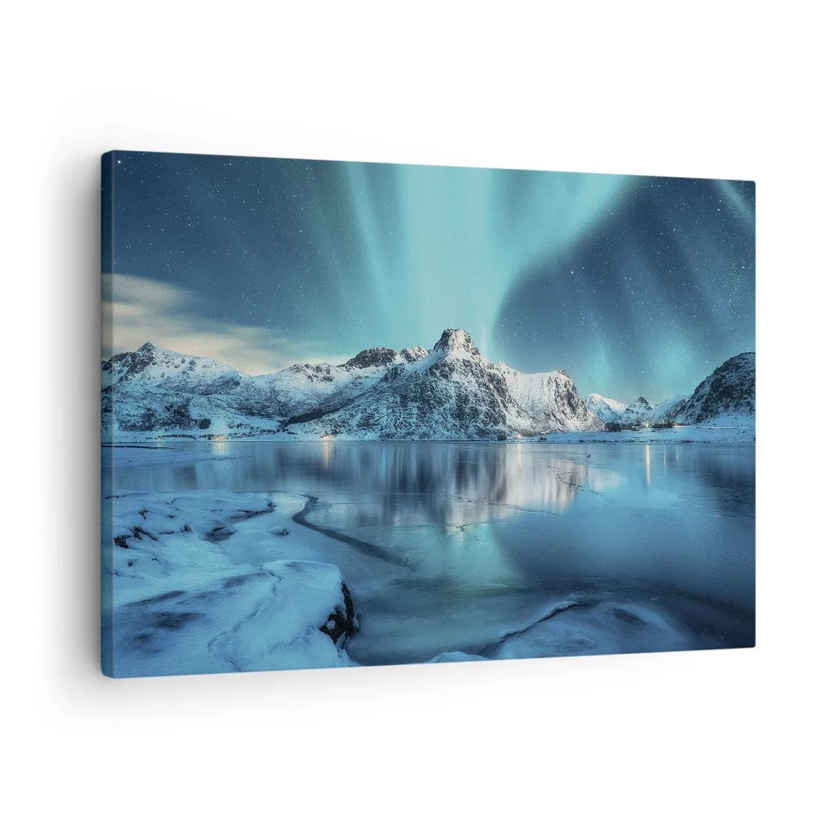 Lærredstryk - Billede på lærred - Aurora Borealis over snedækkede bjerge og en sø - 70x50cm - Nat med lys - Moderne vægdekoration til stue og soveværelse ARTTOR