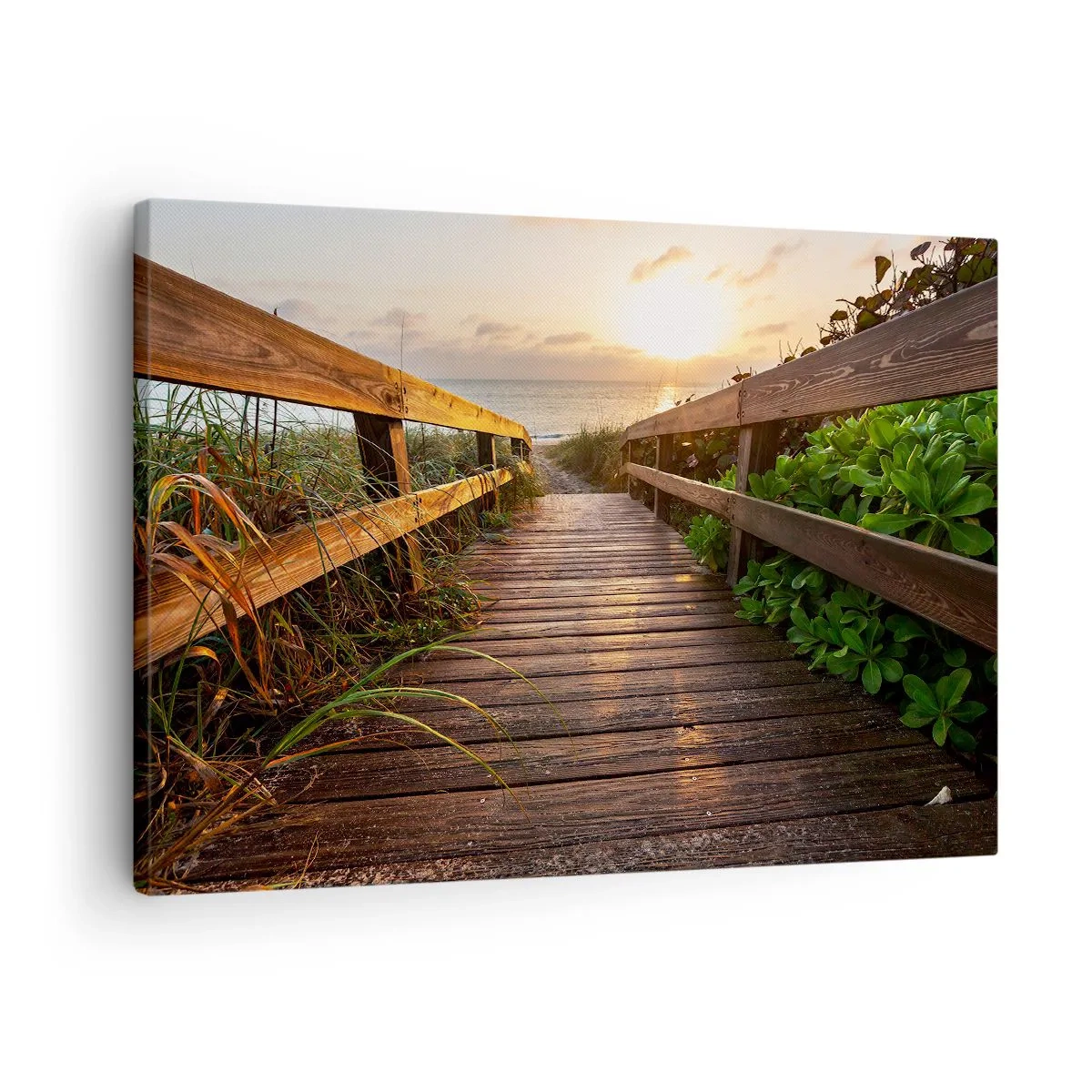Lærredstryk - Billede på lærred - Træbro, der fører til stranden ved solnedgang - 70x50cm - Og direkte til kysten - Moderne vægdekoration til stue og soveværelse ARTTOR