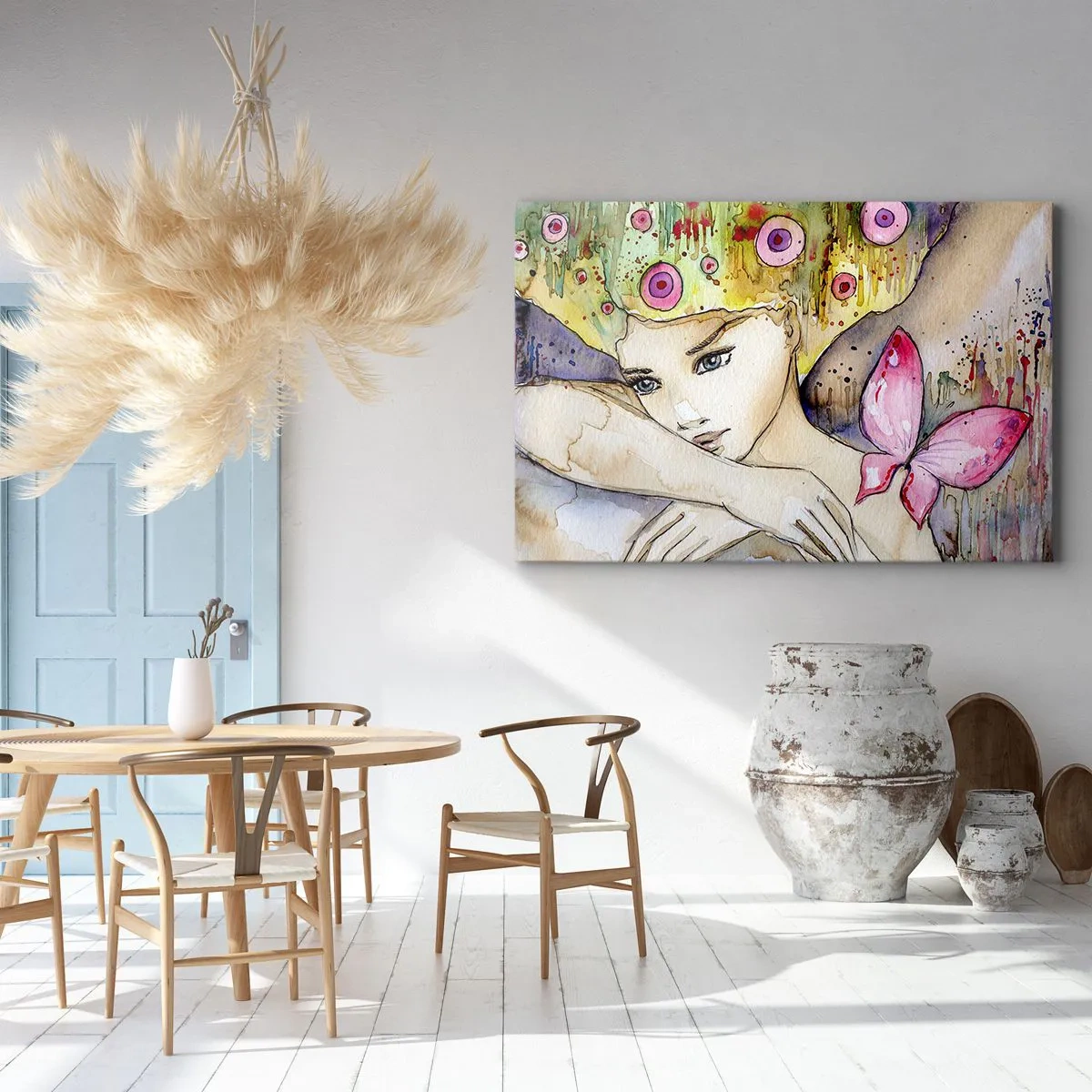 Lærredstryk - Billede på lærred - En kvinde med en abstrakt frisure og en lyserød sommerfugl - 70x50cm - Sommerfugleprinsesse - Moderne vægdekoration til stue og soveværelse ARTTOR
