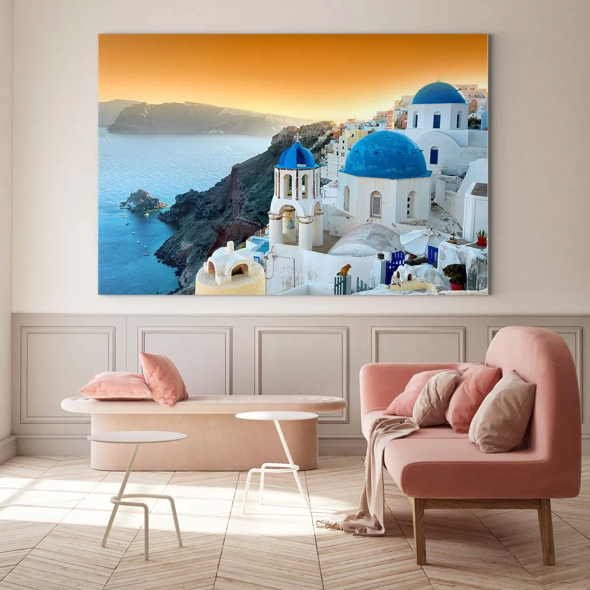 Billede på glas - Udsigt over Santorini med dens blå kupler og klipper - 70x50cm - Santorini - omfavnet af klipperne - Moderne vægdekoration til stue og soveværelse ARTTOR