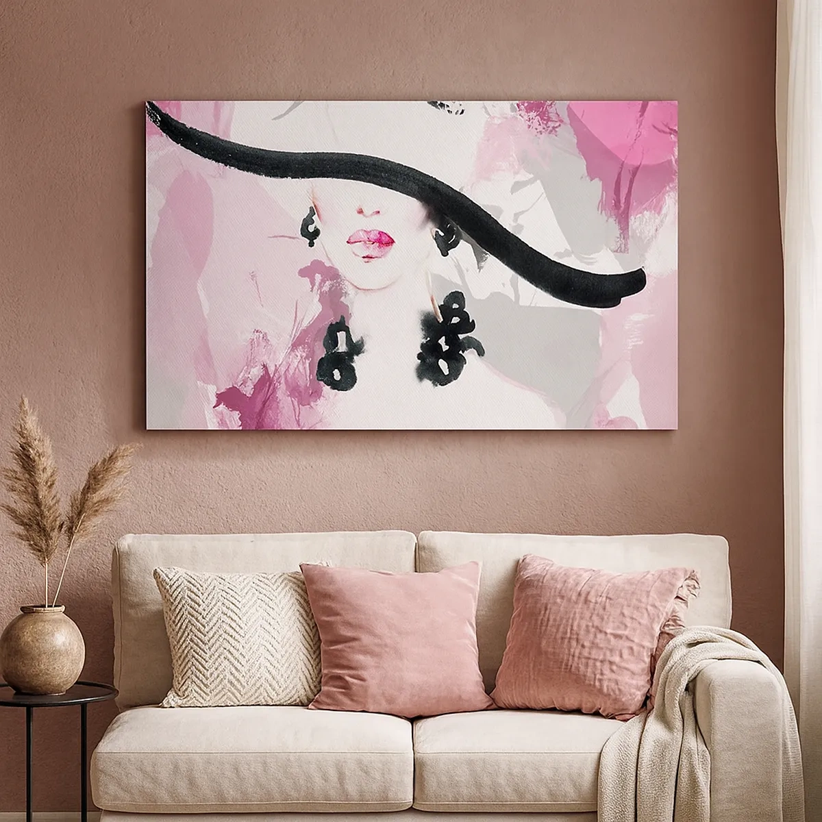 Lærredstryk - Billede på lærred - Portræt af en dame i sort og lyserødt - 30x30 cm