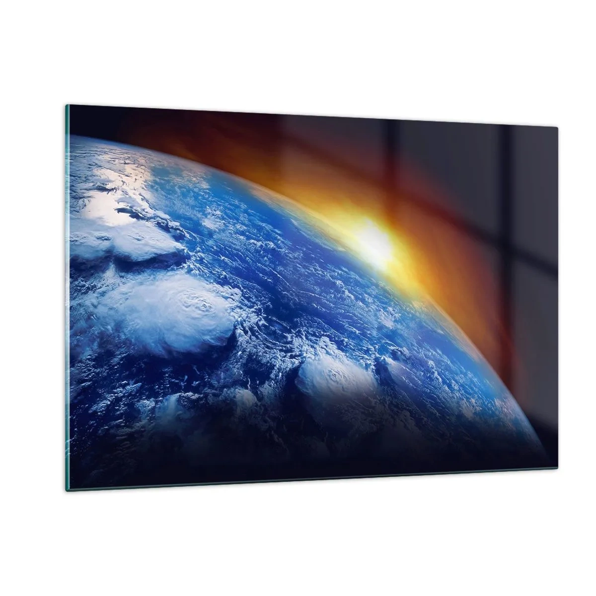 Billede på glas - Solopgang over den blå planet - 120x80 cm