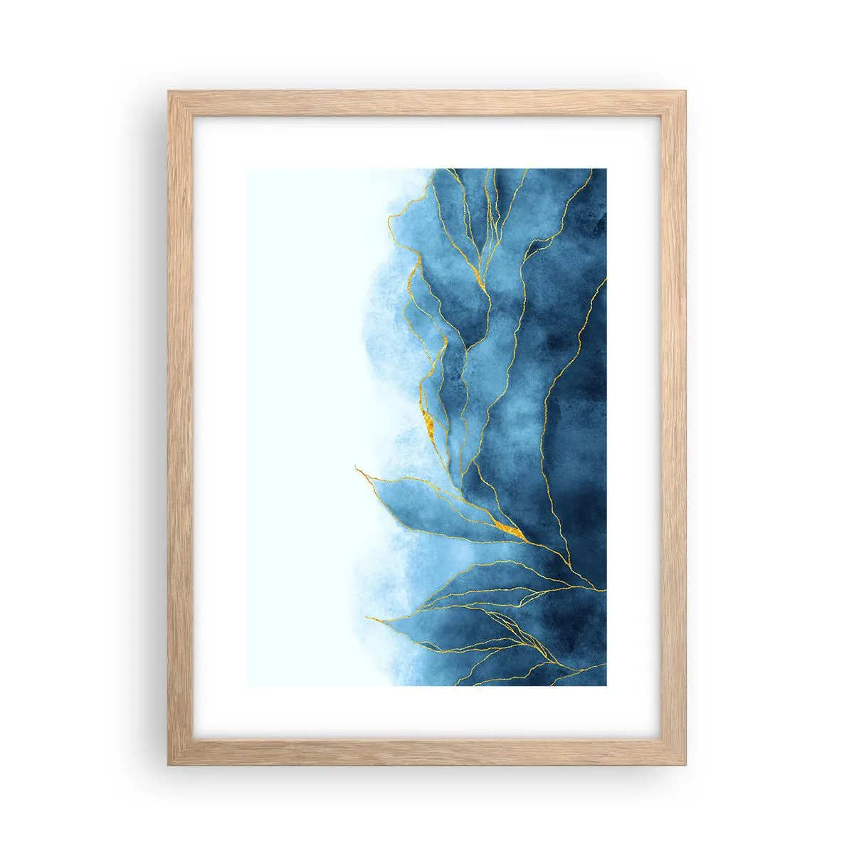 Plakat i ramme af lyst egetræ - Blå i guld - 30x40 cm