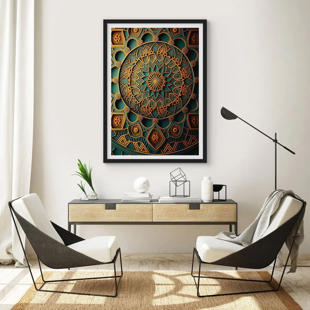 Plakat i sort ramme - Gylden mandala på en mørk baggrund - 50x70cm - I et arabisk klima - Moderne vægdekoration til stue og soveværelse ARTTOR