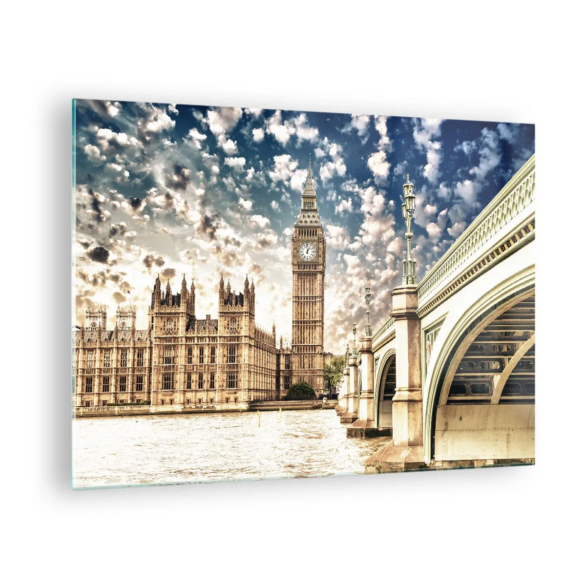 Billede på glas - Big Ben og Westminster Bridge i London - 70x50cm - Fjeragtige skyer over Themsen - Moderne vægdekoration til stue og soveværelse ARTTOR