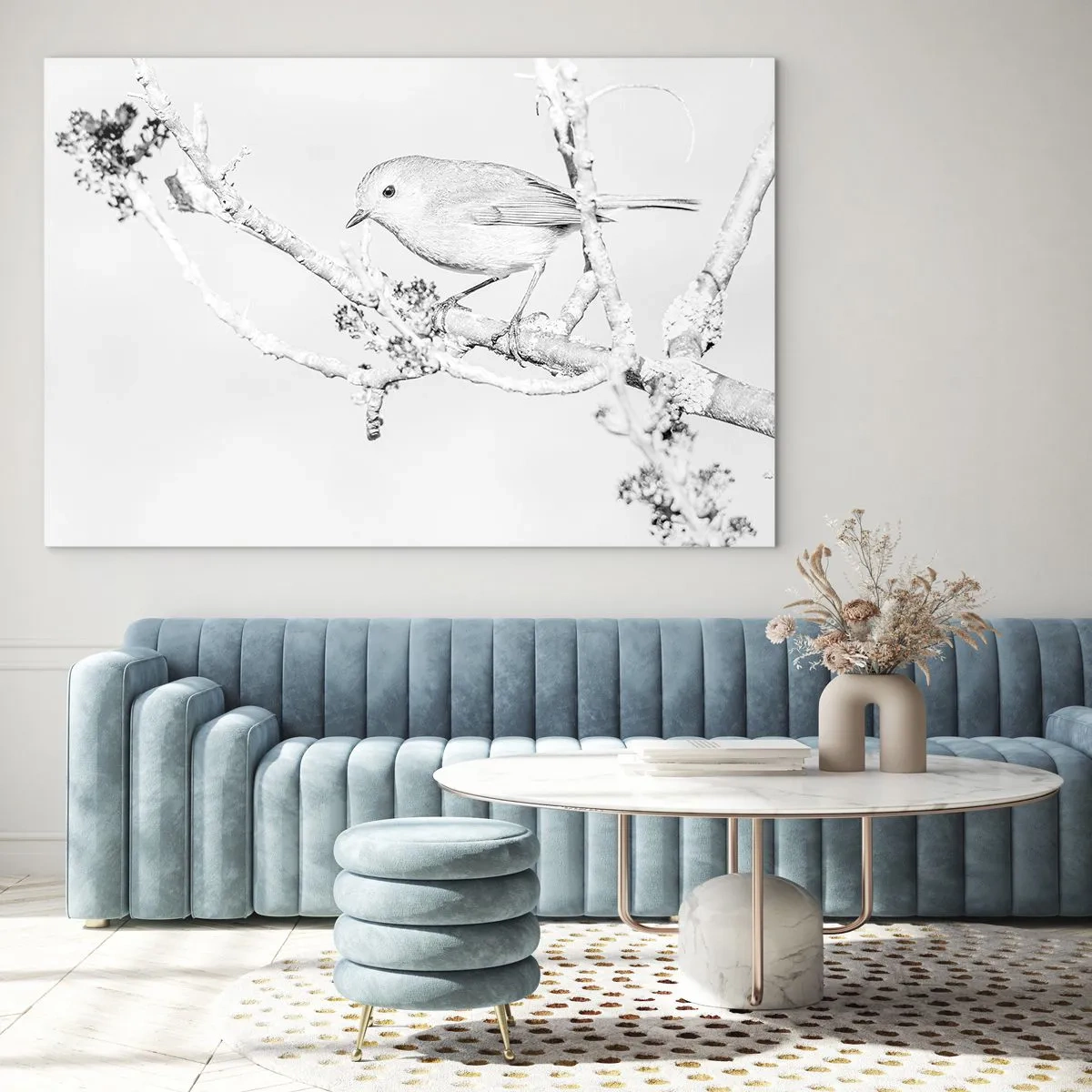 Billede på glas - En fugl siddende på en gren i et monokromatisk vintermotiv. - 70x50cm - Vintermorgen - Moderne vægdekoration til stue og soveværelse ARTTOR