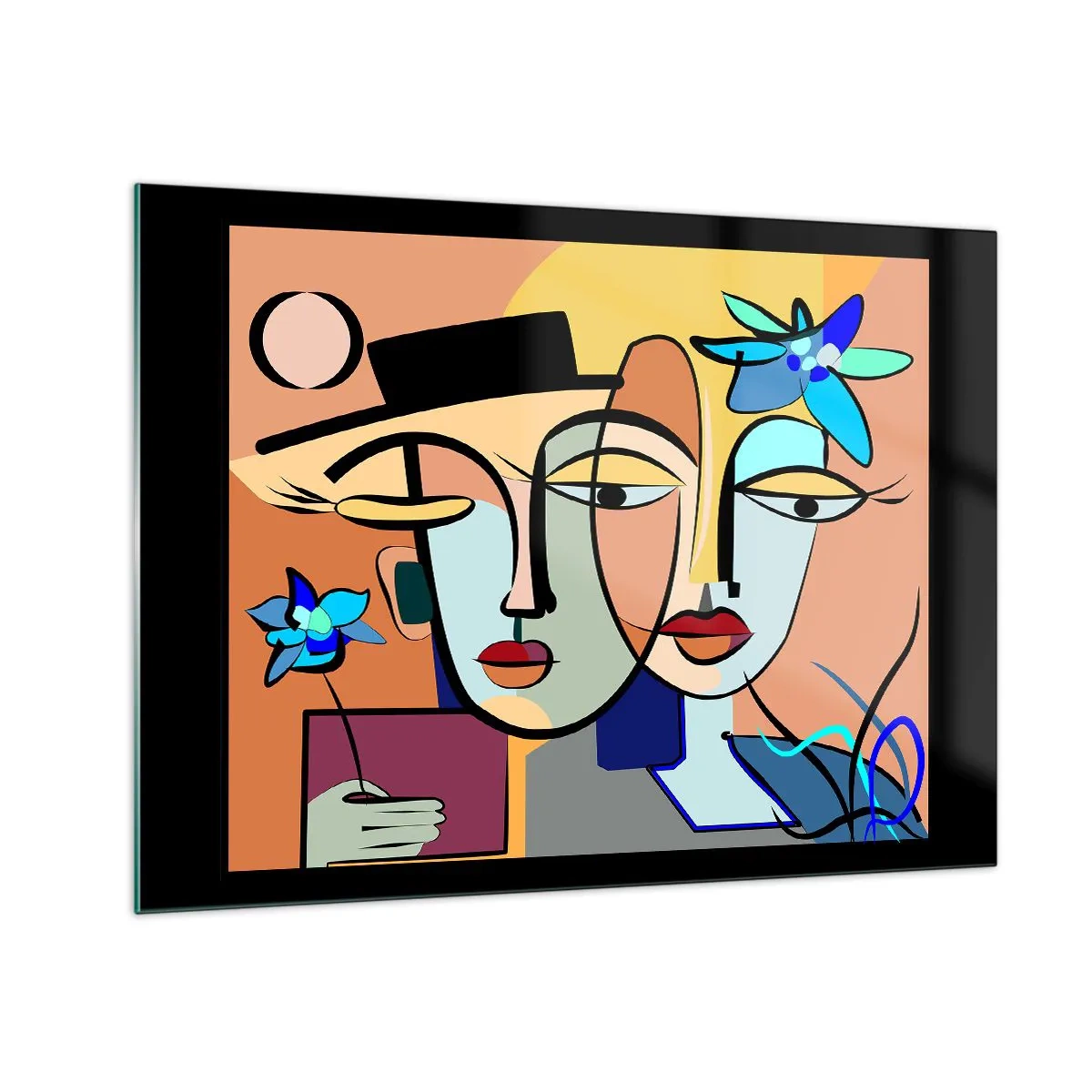 Billede på glas - Farverige ansigter i kubistisk stil med blomster - 70x50cm - Picassos randez vous - Moderne vægdekoration til stue og soveværelse ARTTOR
