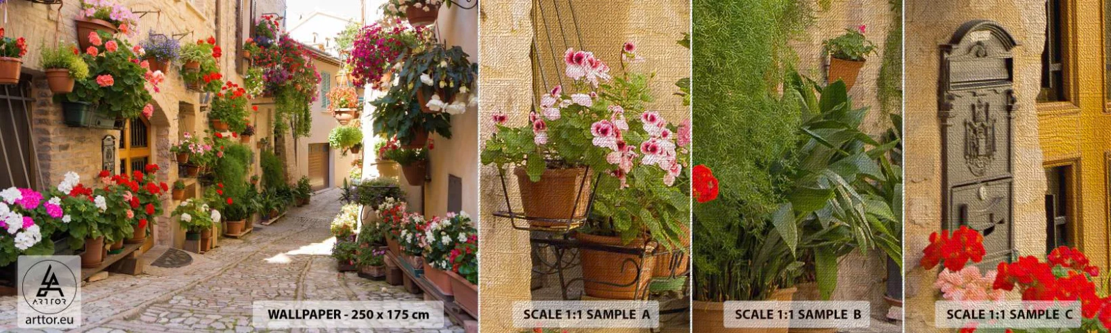 Prøve Fototapet Premium Canvas - I en strøm af blomster - By, Italien, Smukke Gader - 100x30 cm