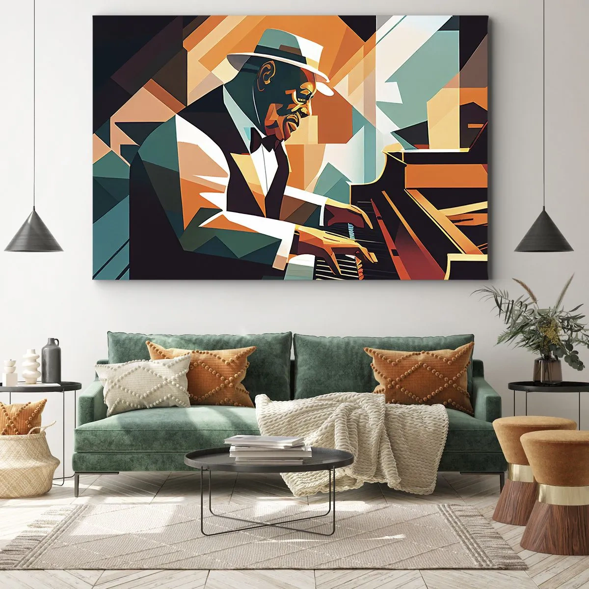 Lærredstryk - Billede på lærred - Abstrakt musiker spiller klaver i varme farver. - 70x50cm - Alt det jazz - Moderne vægdekoration til stue og soveværelse ARTTOR