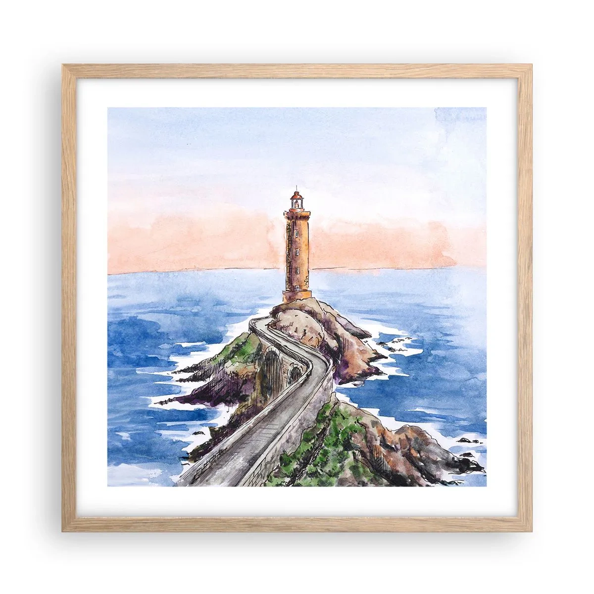 Plakat i ramme af lyst egetræ - Med front mod havet - 50x50 cm