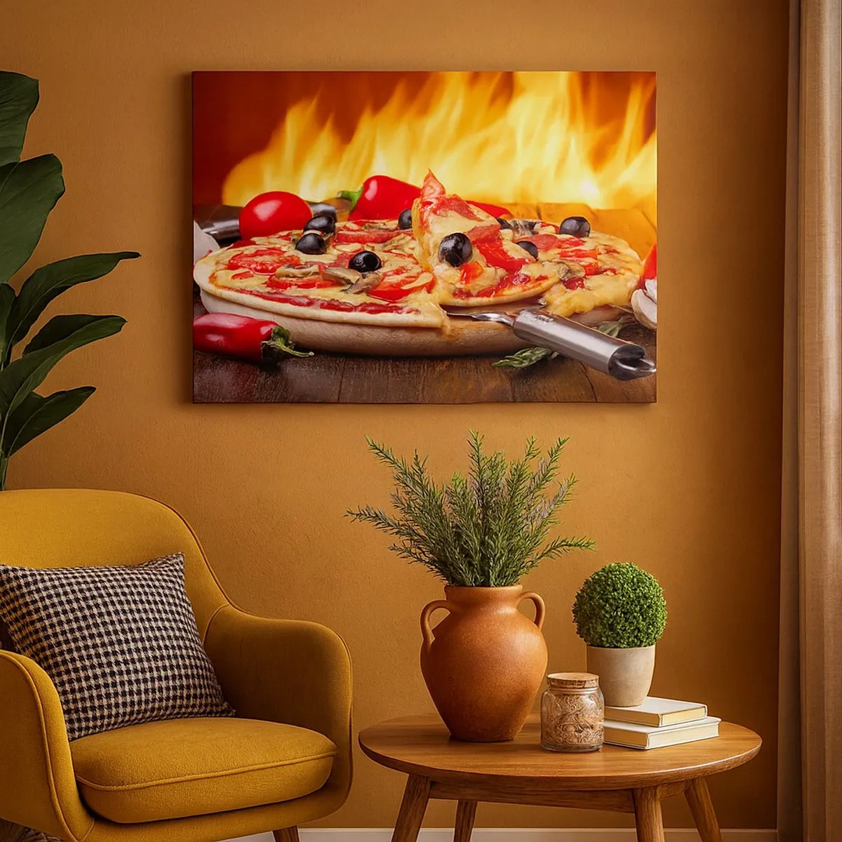 Lærredstryk - Billede på lærred - Pizza med oliven, tomater og peberfrugter mod en baggrund af flammer - 70x50cm - From Italy with love - Moderne vægdekoration til stue og soveværelse ARTTOR
