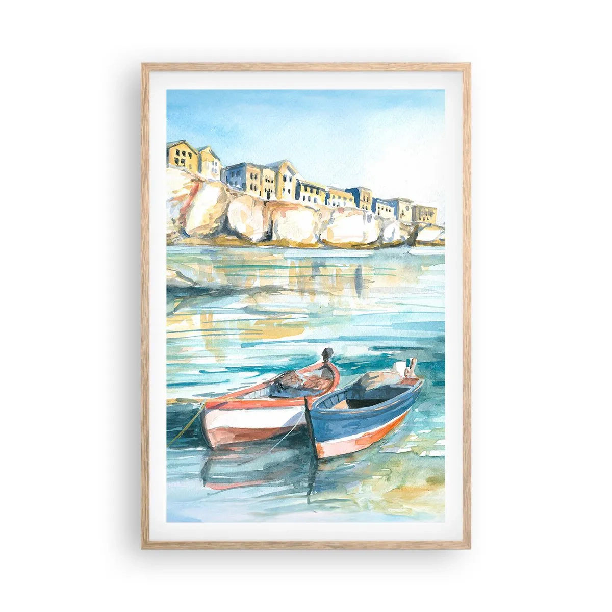 Plakat i ramme af lyst egetræ - Landskab i azurblå - 61x91 cm