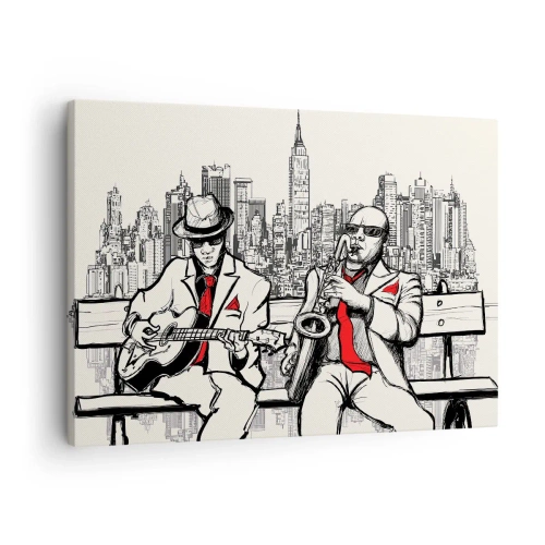 Lærredstryk - Billede på lærred - En jazzduo med saxofon og guitar med byen som baggrund - 70x50cm - New York improvisation - Moderne vægdekoration til stue og soveværelse ARTTOR