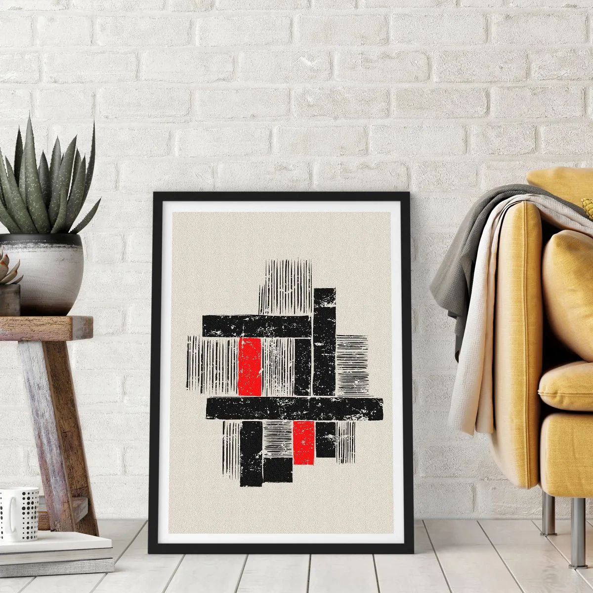 Plakat i sort ramme - Geometrisk abstraktion i sort, rød og beige - 50x70cm - Rødt og sort - Moderne vægdekoration til stue og soveværelse ARTTOR