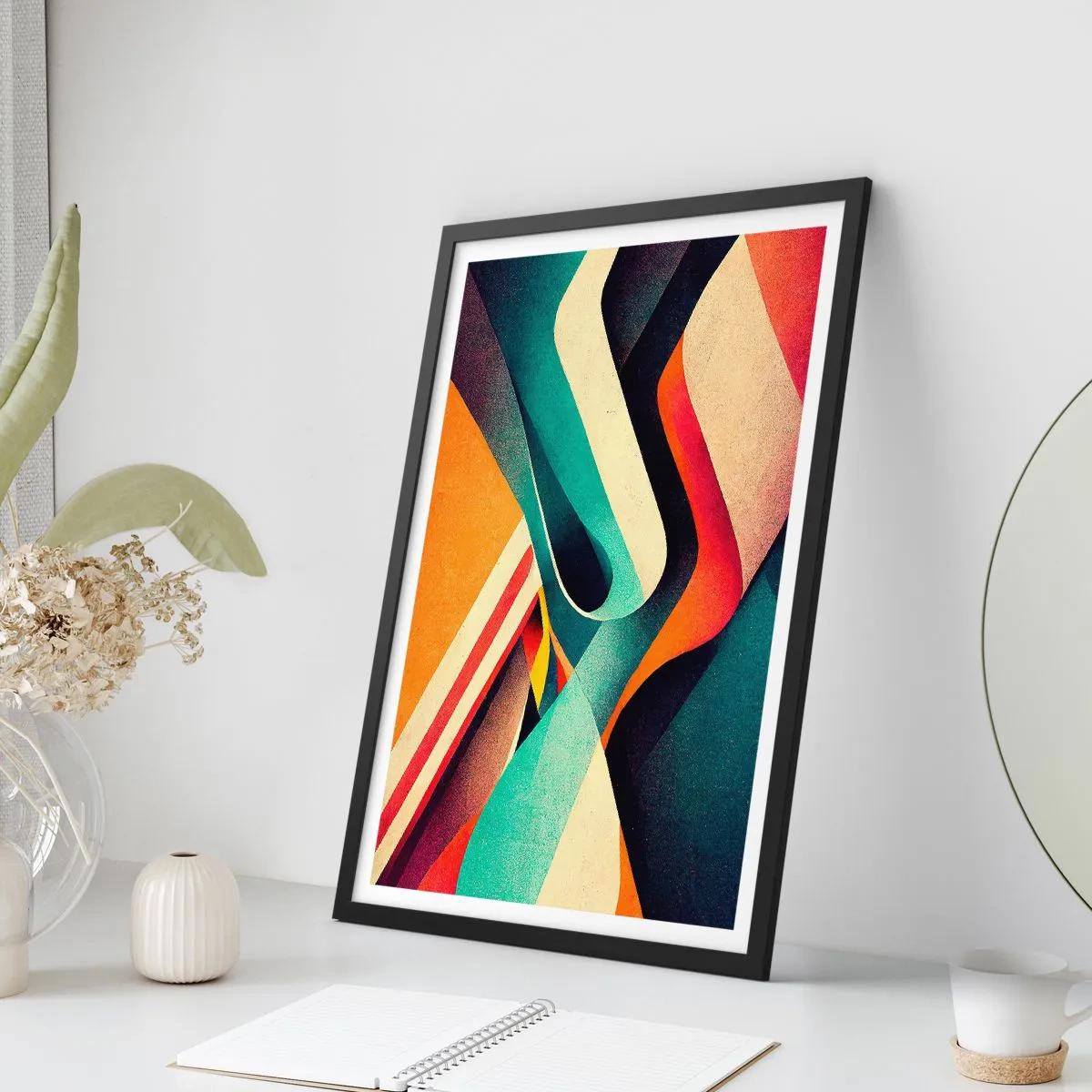 Plakat i sort ramme - Abstrakte bølger i livlige retrofarver - 50x70cm - Intens komposition - Moderne vægdekoration til stue og soveværelse ARTTOR