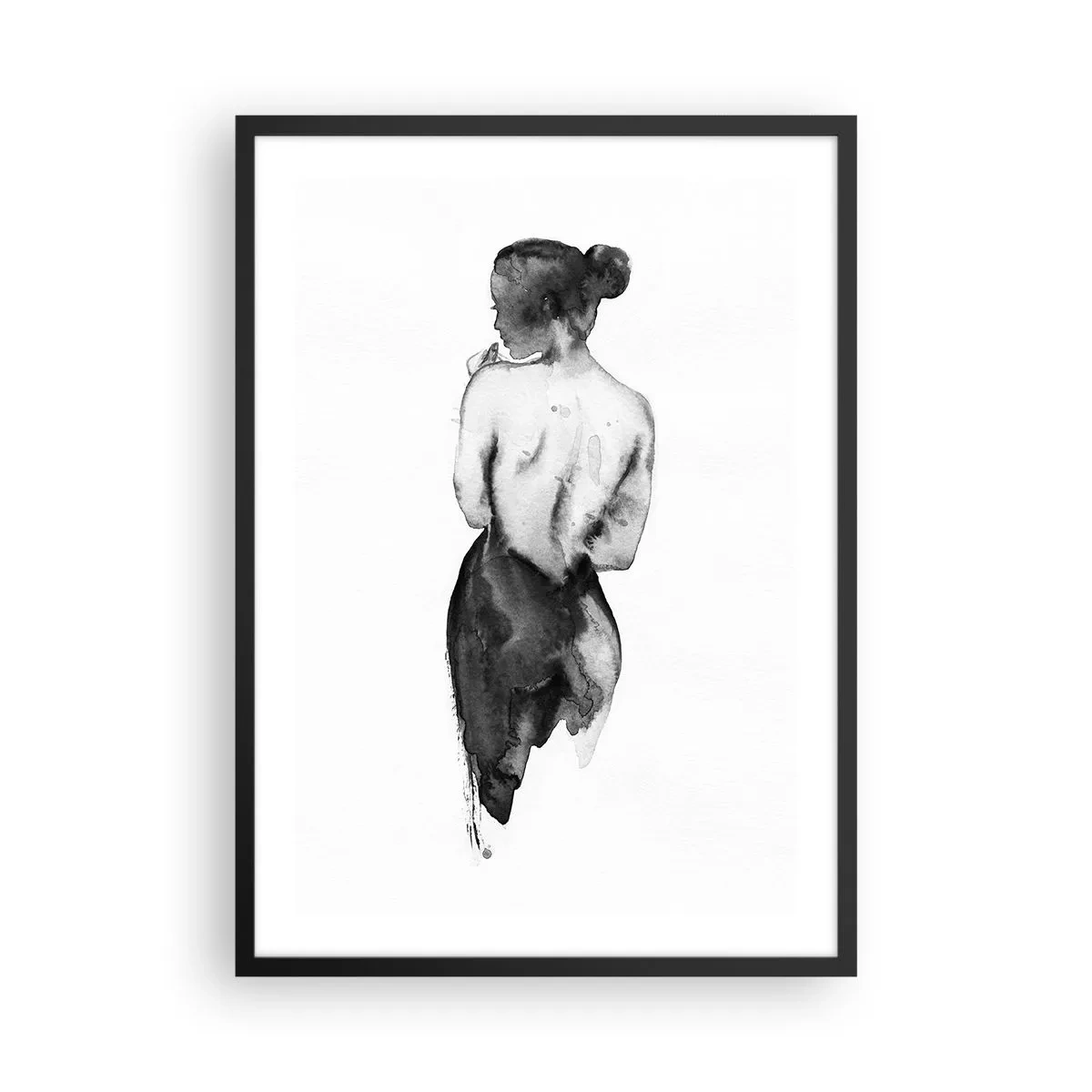 Plakat i sort ramme - Silhuet af en kvinde i akvarel sort på en hvid baggrund - 50x70cm - Med hende forsvinder verden - Moderne vægdekoration til stue og soveværelse ARTTOR