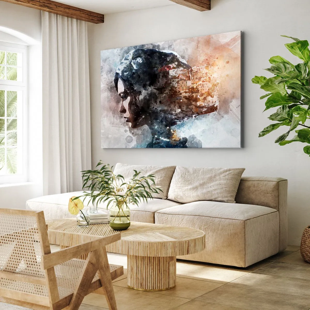 Lærredstryk - Billede på lærred - Portræt af en kvinde, der kombinerer sit ansigt med et bylandskab i baggrunden - 70x50cm - Historien om en pige med en by i baggrunden - Moderne vægdekoration til stue og soveværelse ARTTOR