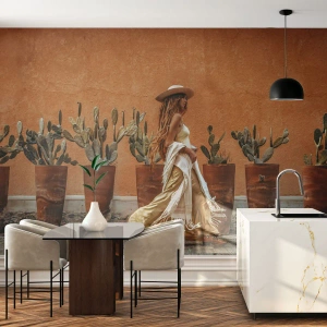 Fototapet Premium Canvas - I en hippieagtig stil - Boho, Kvinde, Kaktusser - 450x315 cm