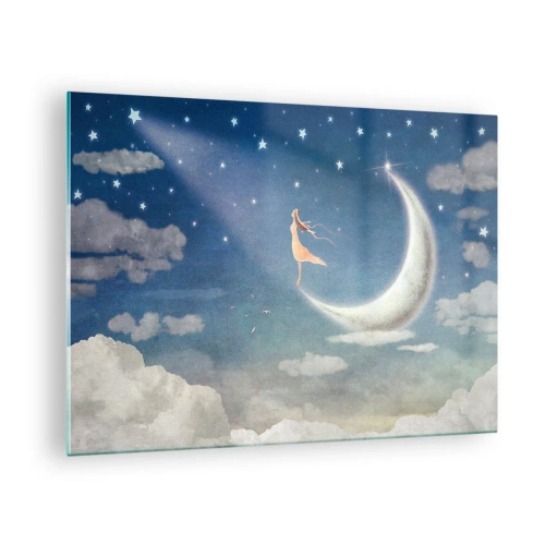 Billede på glas - En kvinde i en flagrende kjole stående på månen på en stjerneklar himmel. - 70x50cm - Blå bejler - Moderne vægdekoration til stue og soveværelse ARTTOR