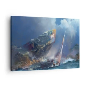 Lærredstryk - Billede på lærred - En sejlbåd i storm ved foden af en massiv klippe - 70x50cm - Den, der vover, vinder - Moderne vægdekoration til stue og soveværelse ARTTOR