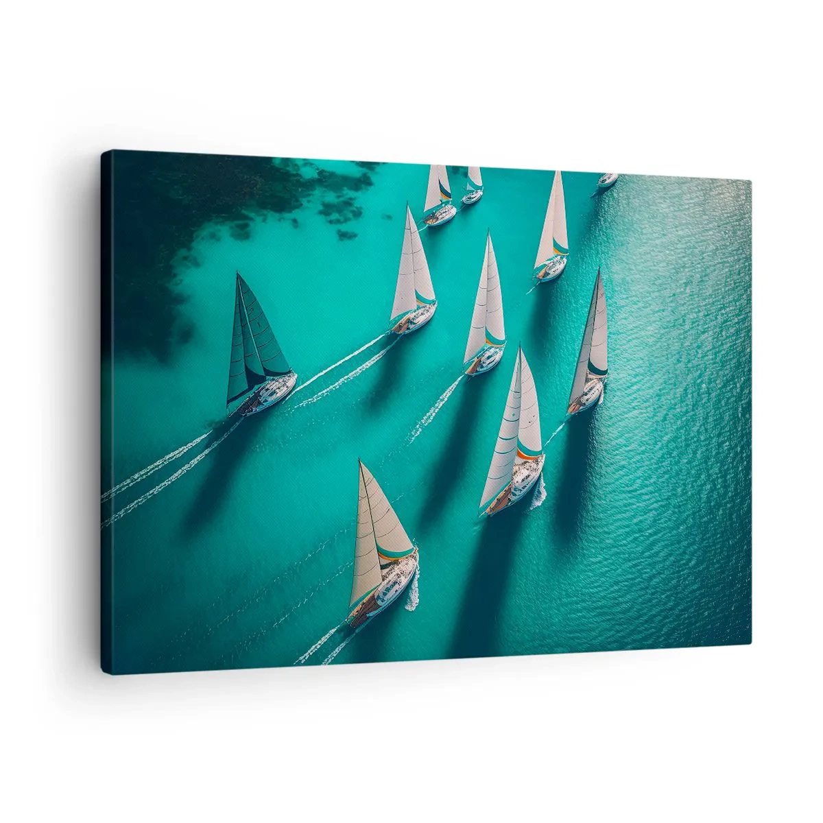 Lærredstryk - Billede på lærred - Yachter på turkisblåt vand i dynamisk bevægelse - 70x50cm - Konkurrerer med vinden - Moderne vægdekoration til stue og soveværelse ARTTOR
