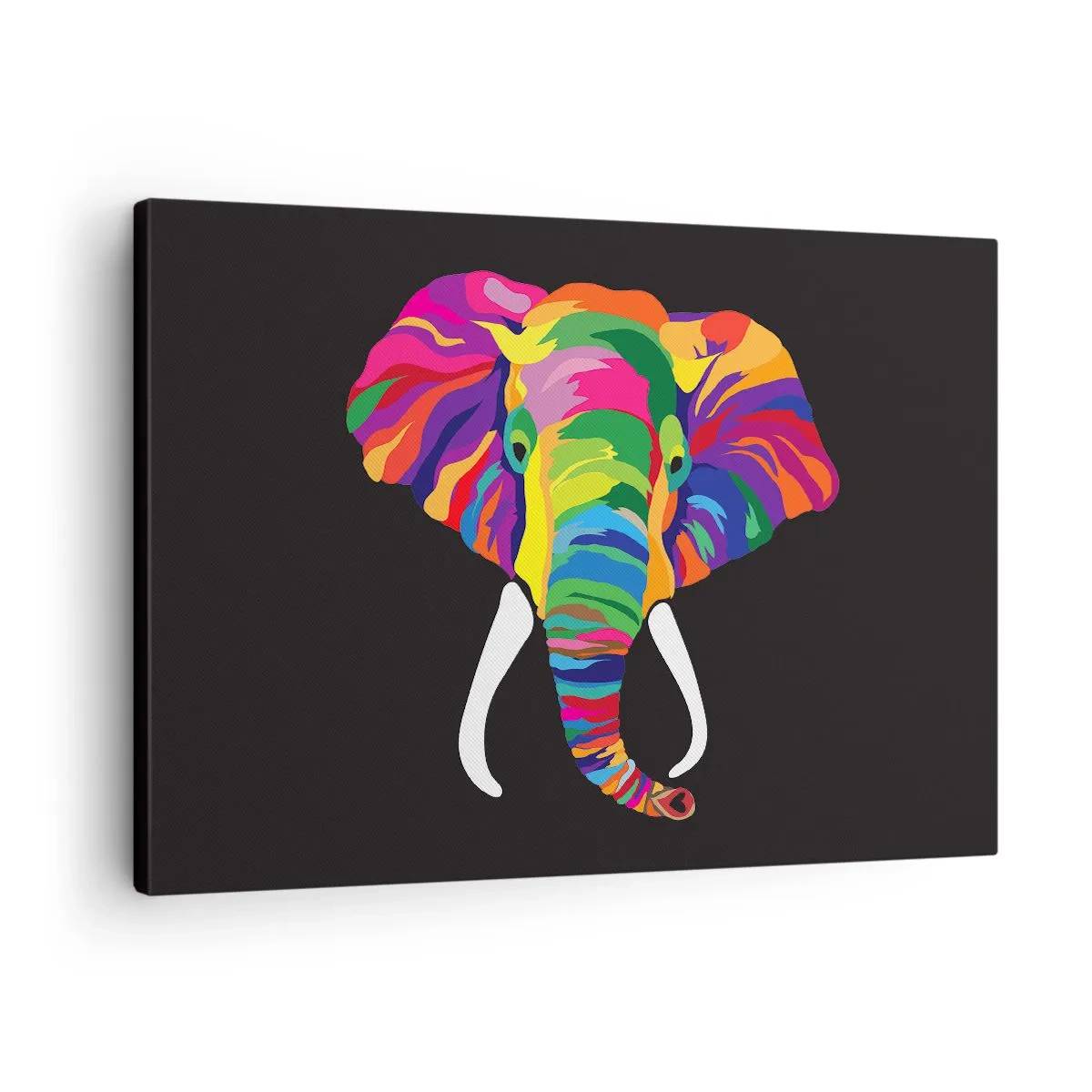 Lærredstryk - Billede på lærred - Et farverigt billede af en elefant på en sort baggrund - 70x50cm - Elefanten, der elskede at bade i regnbuen - Moderne vægdekoration til stue og soveværelse ARTTOR