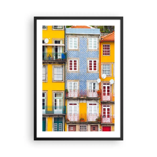Plakat i sort ramme - Farverige facader af portugisiske lejlighedshuse - 50x70cm - Farverne i den gamle bydel - Moderne vægdekoration til stue og soveværelse ARTTOR