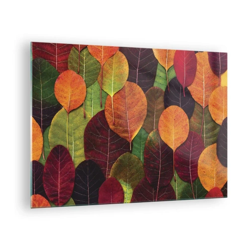 Billede på glas - Farverige efterårsblade i et kunstnerisk arrangement - 70x50cm - Efterårsmosaik - Moderne vægdekoration til stue og soveværelse ARTTOR