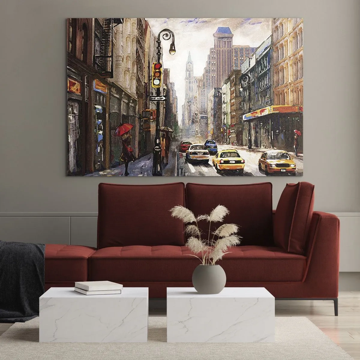 Billede på glas - New York – også farverig i regnvejr - 70x50cm - New York - også farverig i regnvejr - Moderne vægdekoration til stue og soveværelse ARTTOR
