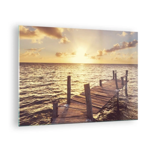 Billede på glas - En træbro mod baggrunden af den nedgående sol - 70x50cm - Gyldent land af blidhed - Moderne vægdekoration til stue og soveværelse ARTTOR