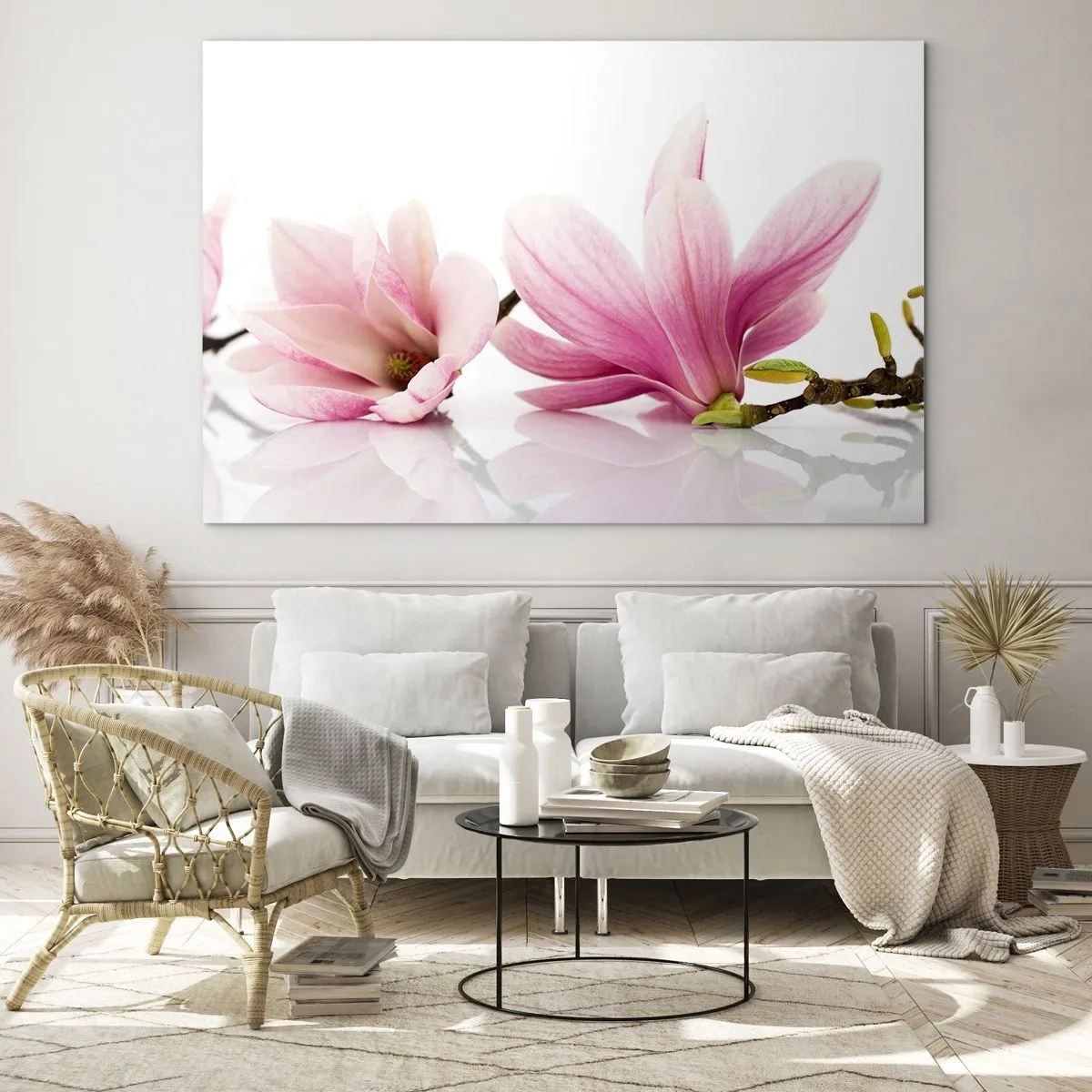 Billede på glas - Delikate magnoliablomster på en hvid baggrund - 70x50cm - Blød som et åndedrag af forår - Moderne vægdekoration til stue og soveværelse ARTTOR