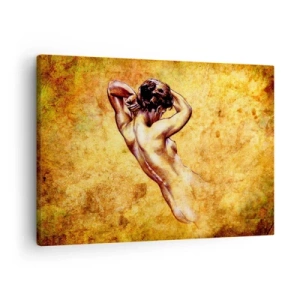 Lærredstryk - Billede på lærred - Kunstnerisk kvindelig nøgen på en gylden baggrund i klassisk stil - 70x50cm - Afsløret, men stadig et mysterium - Moderne vægdekoration til stue og soveværelse ARTTOR
